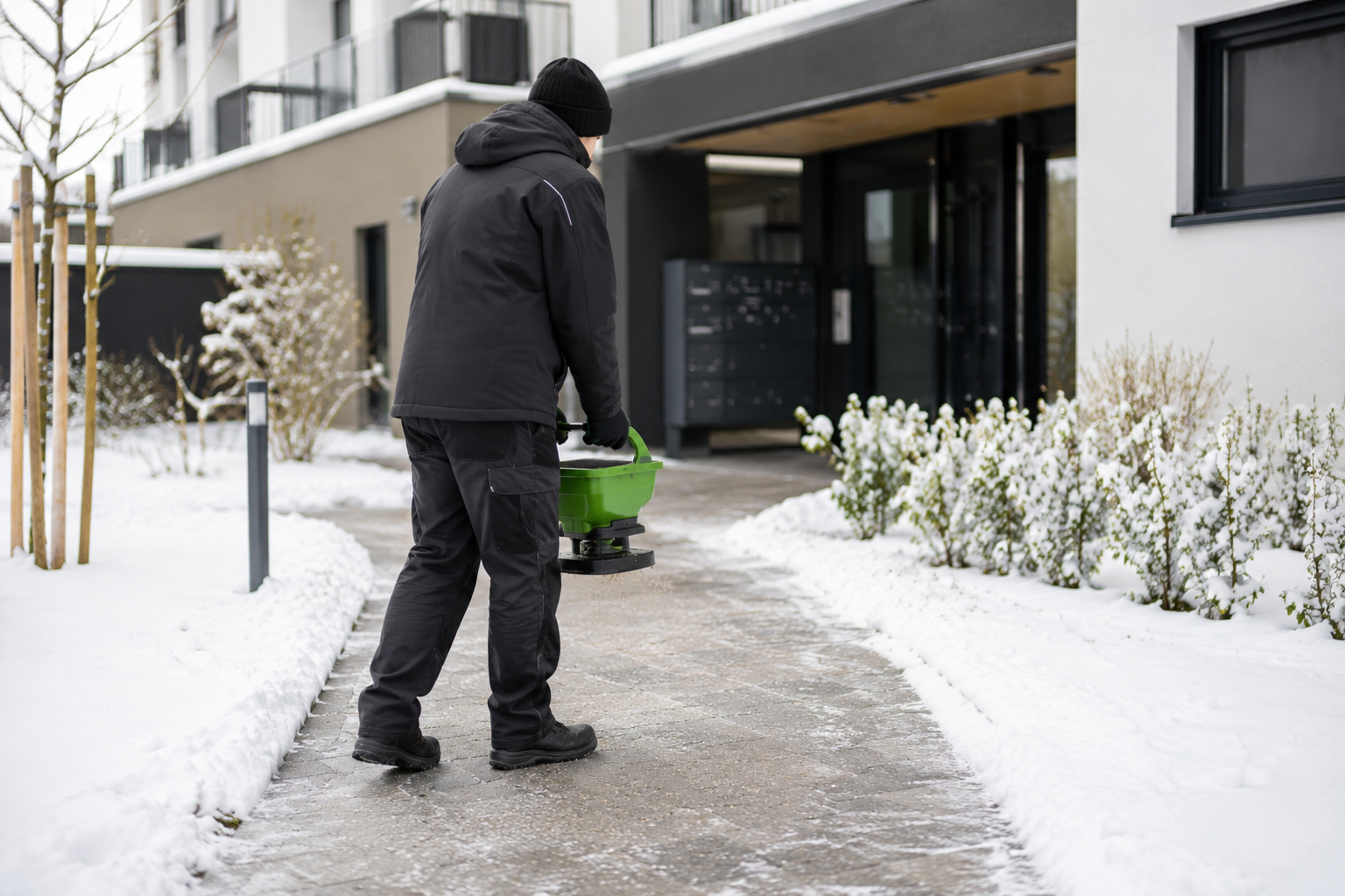 Allgemeine Darstellung eines Winterdienstes an einem Mehrfamilienhaus